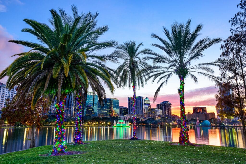 Beleuchtete Palmen am Eola Lake in Orlando zu Weihnachten