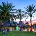 Beleuchtete Palmen am Eola Lake in Orlando zu Weihnachten